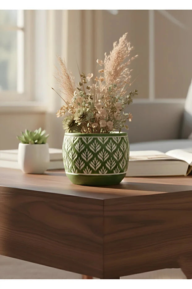 Bohem İskandinav Tarz Dekoratif Beton Yeşil Saksı 13×12 cm