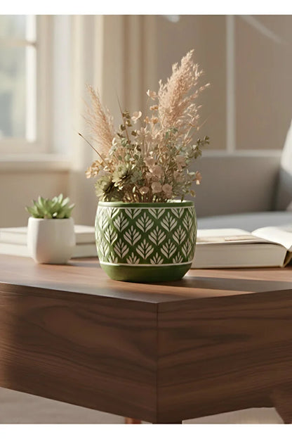 Bohem İskandinav Tarz Dekoratif Beton Yeşil Saksı 13×12 cm